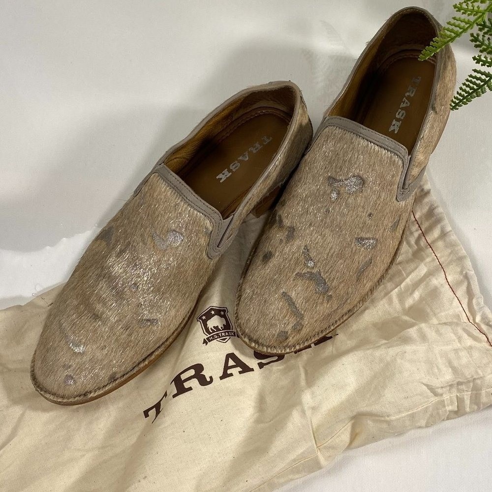 Trask Metallic‎ Hair on Hide Loafers Womens Tan Silver Slip On Flats Shoes